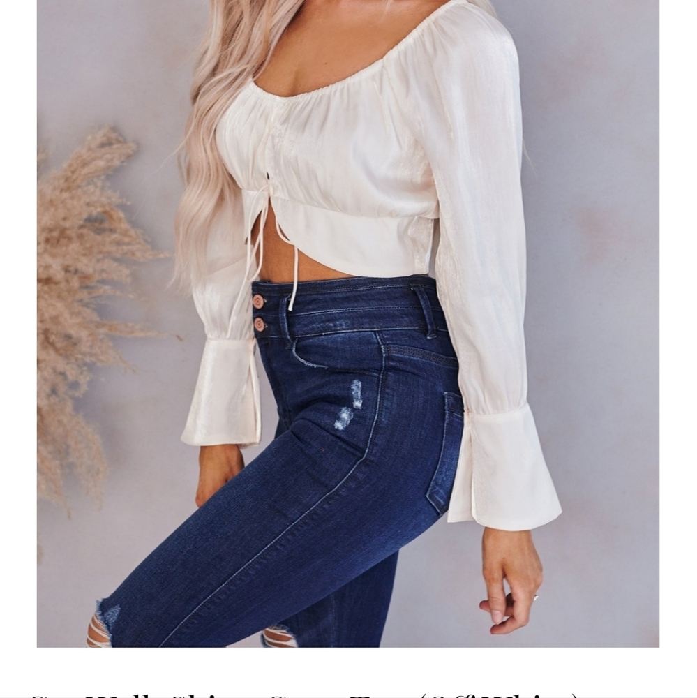 NanaMacs Cream Crop Blouse with Bell Sleeves and Tie Front - Picture 2 of 5